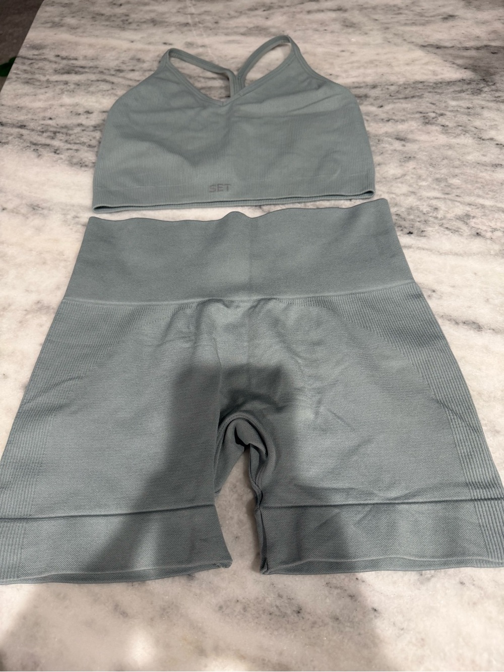 🩵SET Active bluish grey Seamless Ribbed Workout Crop top & short Set